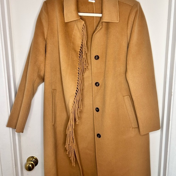 Stylish Tan Long Coat with Fringe - Picture 1 of 8